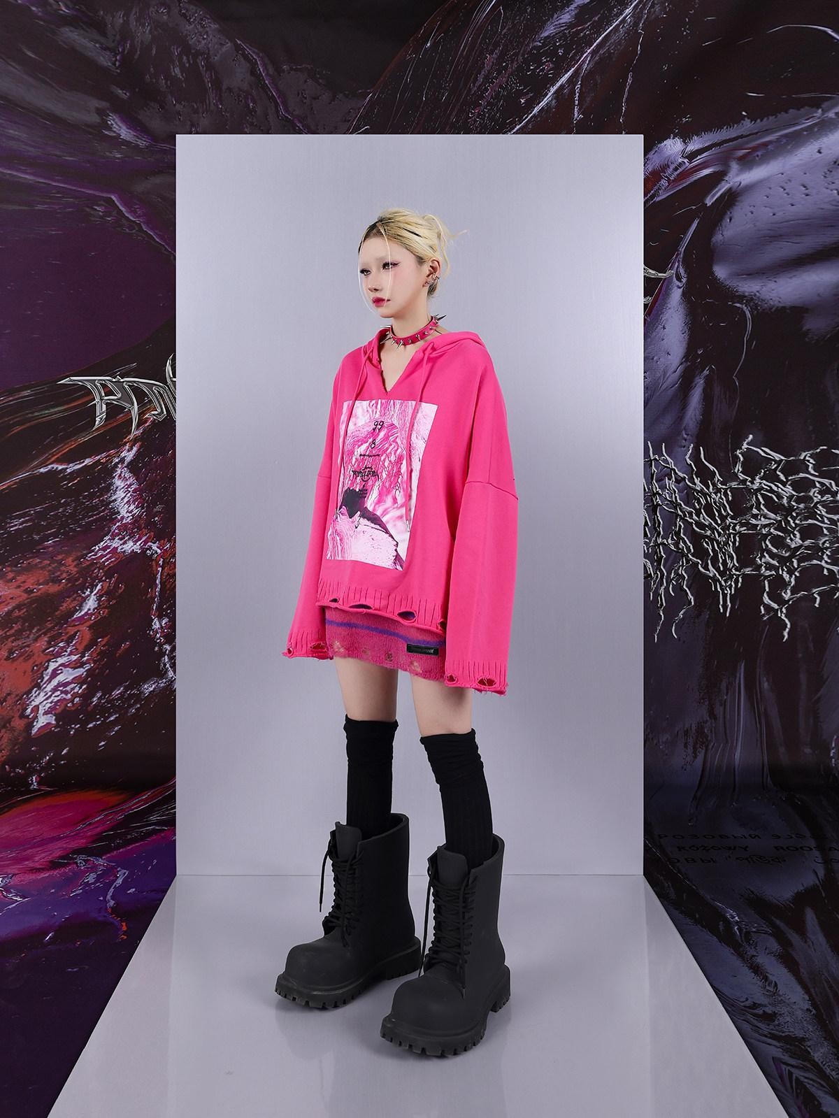 PINKSPINK Cosmic Psychedelic Rock Irregular Distressed V-neck Printed Women's Hoodies