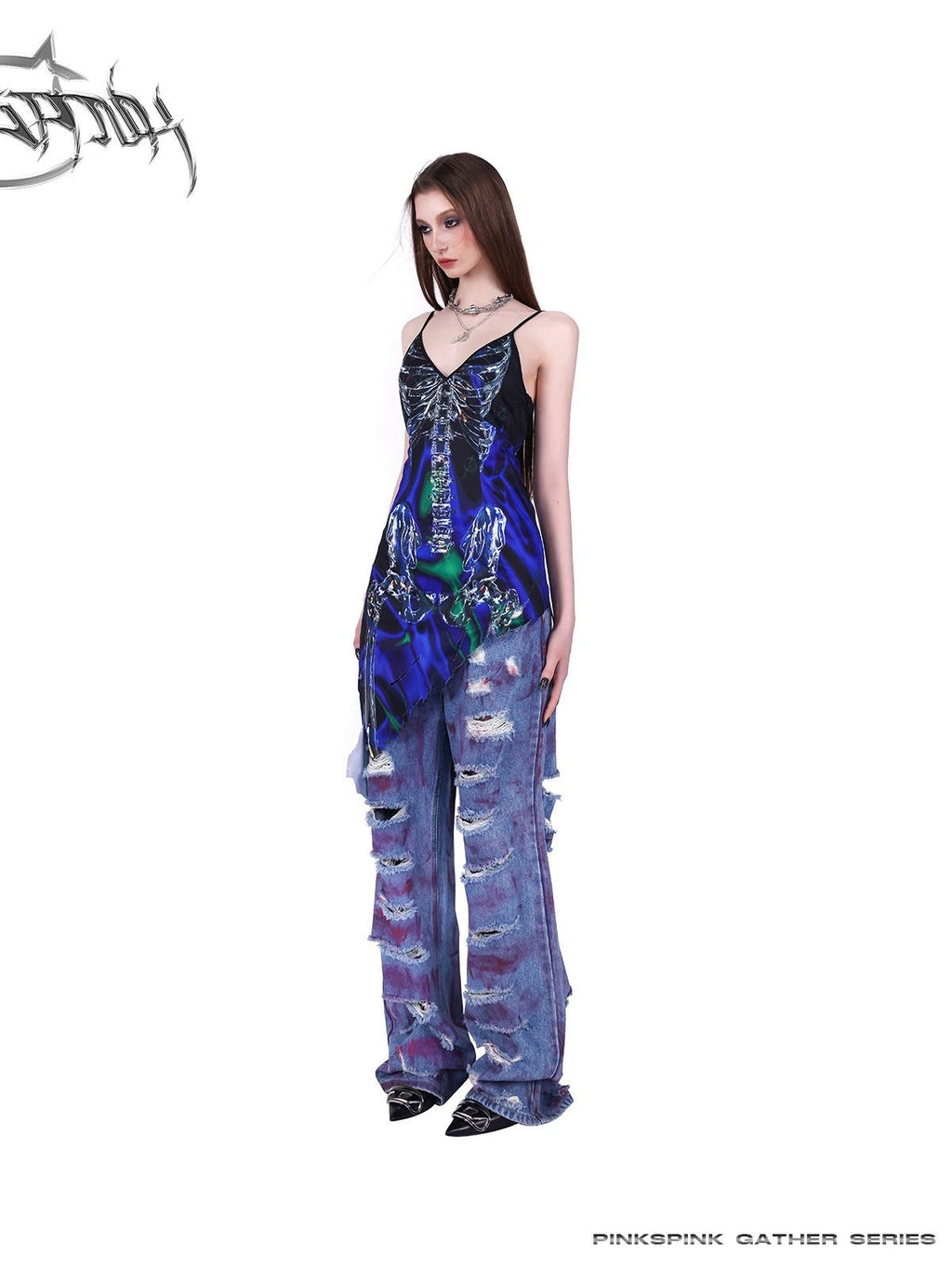 PINKSPINK Cosmic Skeleton Irregular Cutout 3d Print V-neck Women's Slip Midi Dresses