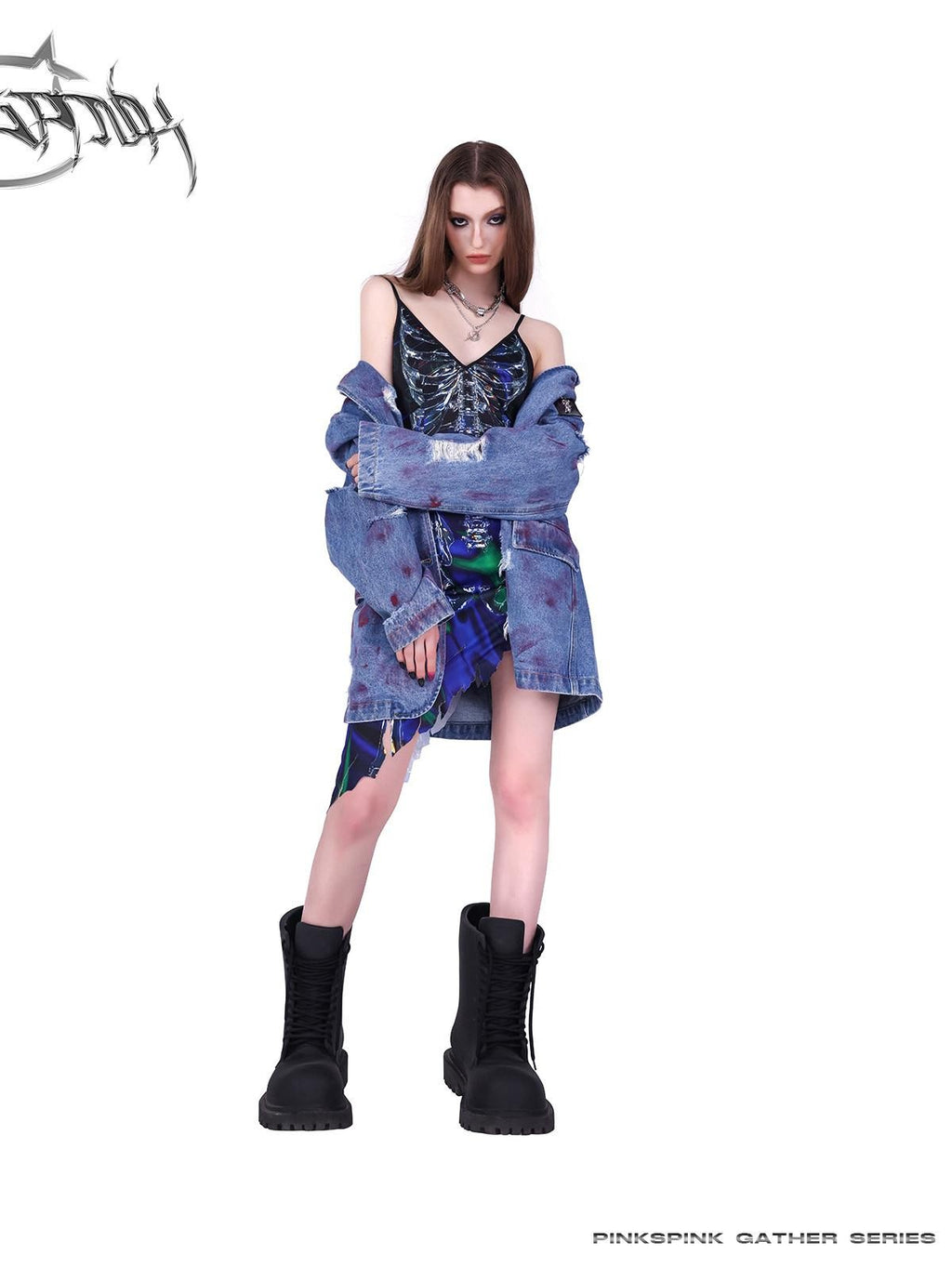 PINKSPINK Cosmic Skeleton Irregular Cutout 3d Print V-neck Women's Slip Midi Dresses