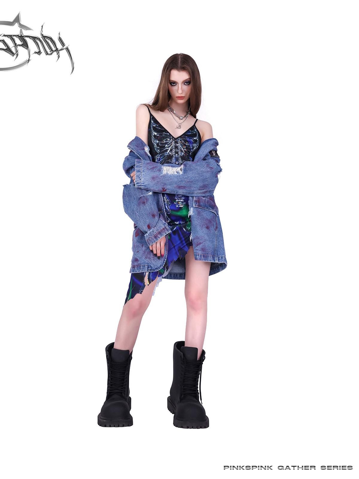 PINKSPINK Cosmic Skeleton Irregular Cutout 3d Print V-neck Women's Slip Midi Dresses