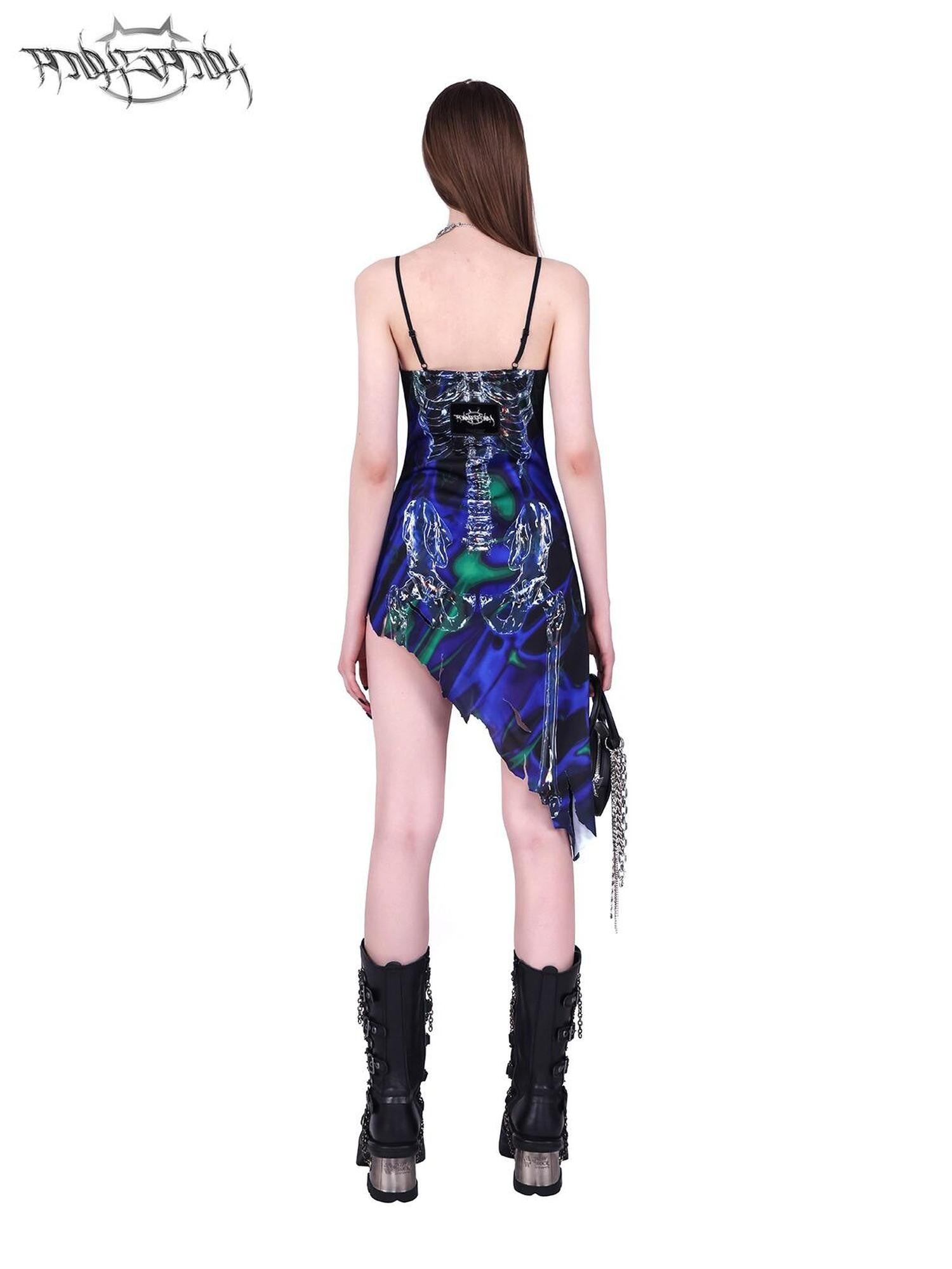 PINKSPINK Cosmic Skeleton Irregular Cutout 3d Print V-neck Women's Slip Midi Dresses