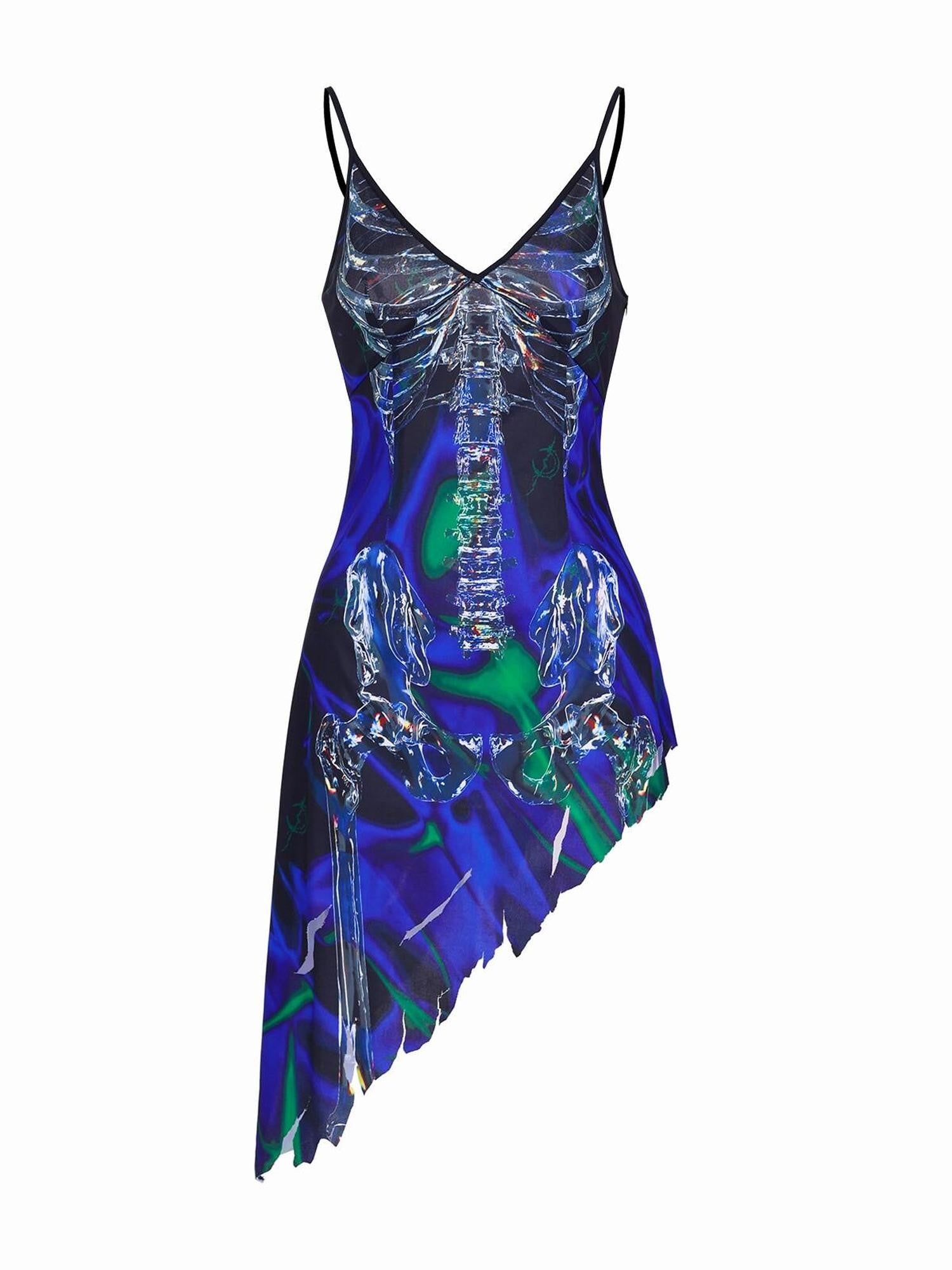 PINKSPINK Cosmic Skeleton Irregular Cutout 3d Print V-neck Women's Slip Midi Dresses