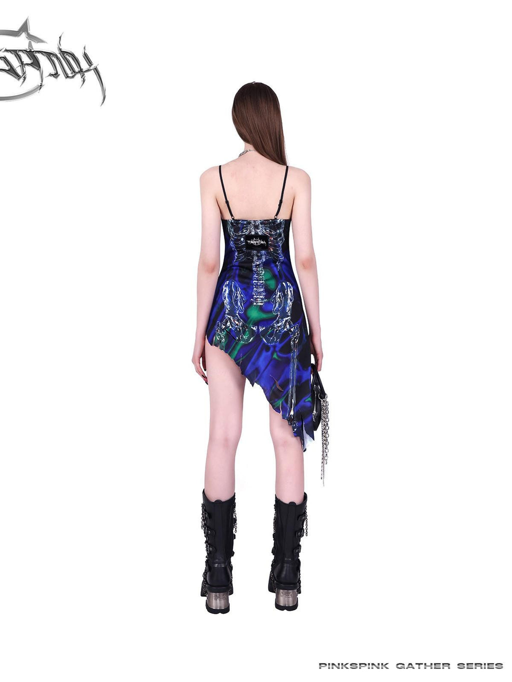 PINKSPINK Cosmic Skeleton Irregular Cutout 3d Print V-neck Women's Slip Midi Dresses