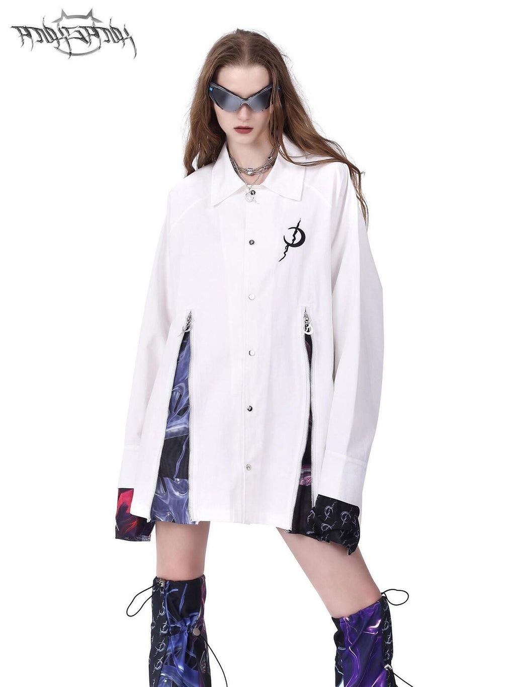 PINKSPINK Cosmic Zipper Split Patchwork Embroidery Print Women's Cotton Trench Coats
