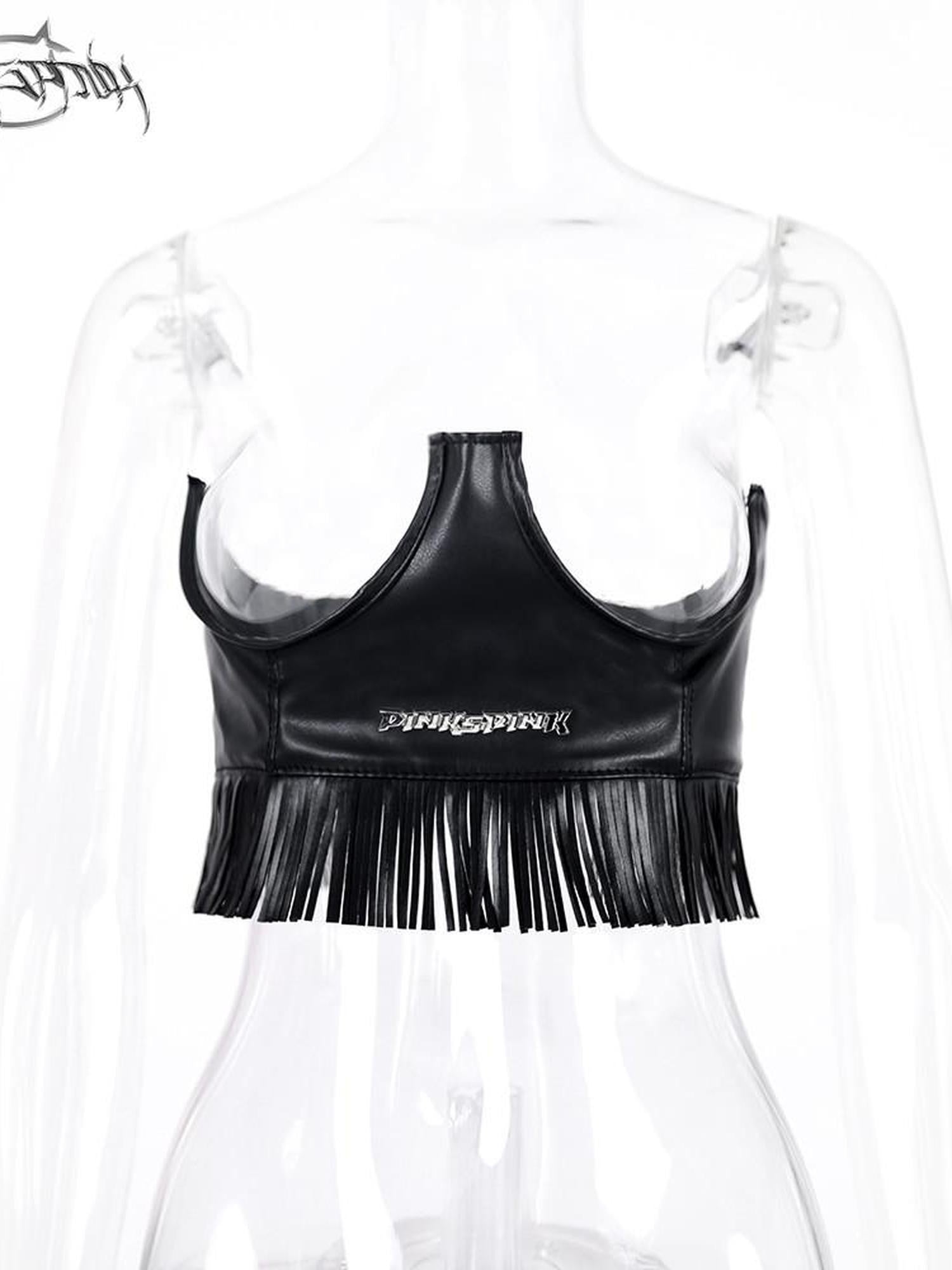 PINKSPINK Cropped 3d Tassel Studded Patchwork Slim Street Women's Pu Camisoles