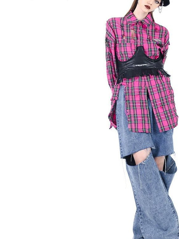 PINKSPINK Cropped 3d Tassel Studded Patchwork Slim Street Women's Pu Camisoles