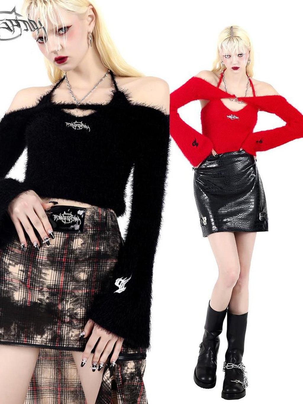 PINKSPINK Cropped Slim Chain Tie Bell Sleeve Two Piece Women's Knit Off-shoulder Sweaters