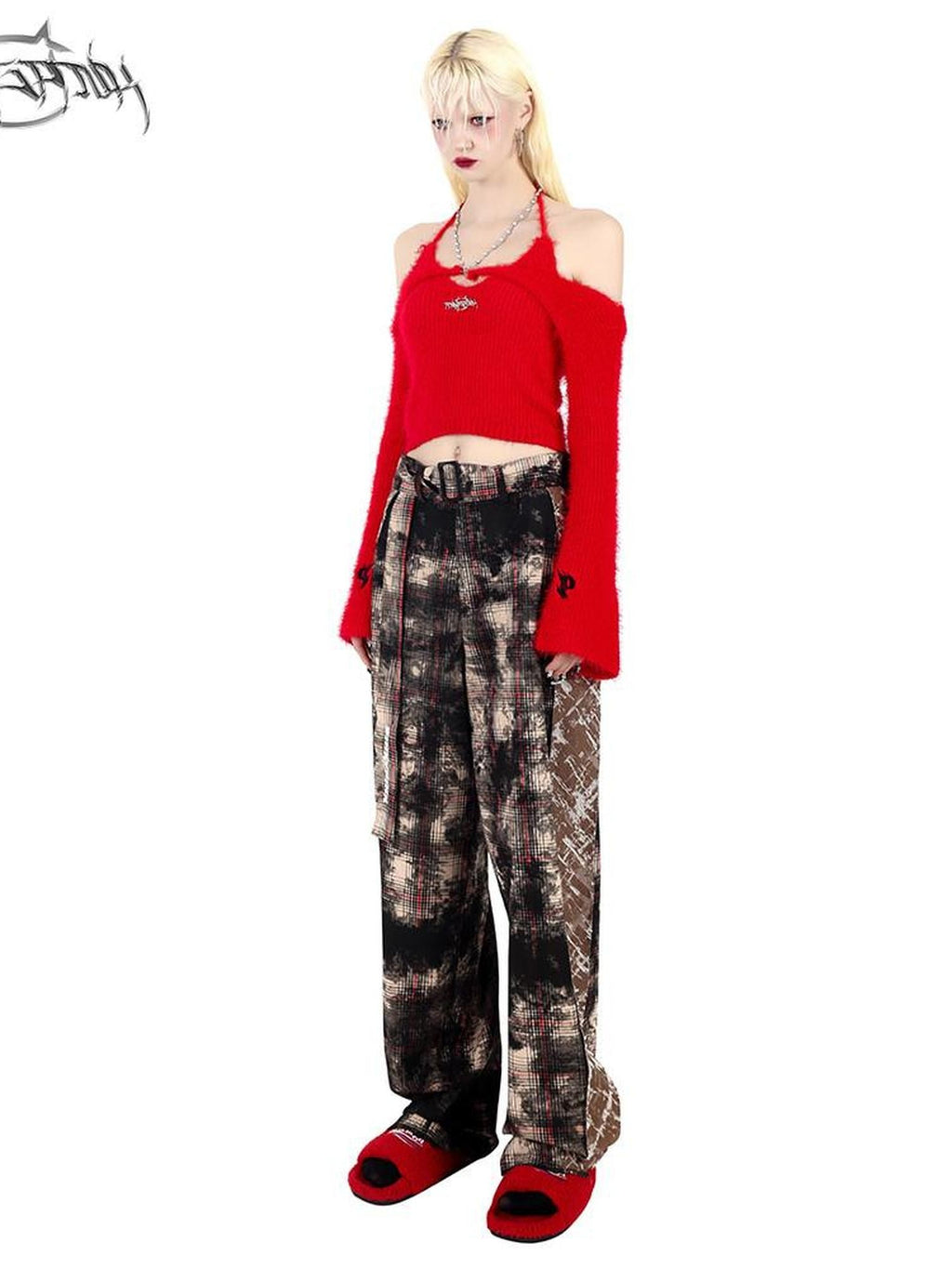 PINKSPINK Cropped Slim Chain Tie Bell Sleeve Two Piece Women's Knit Off-shoulder Sweaters