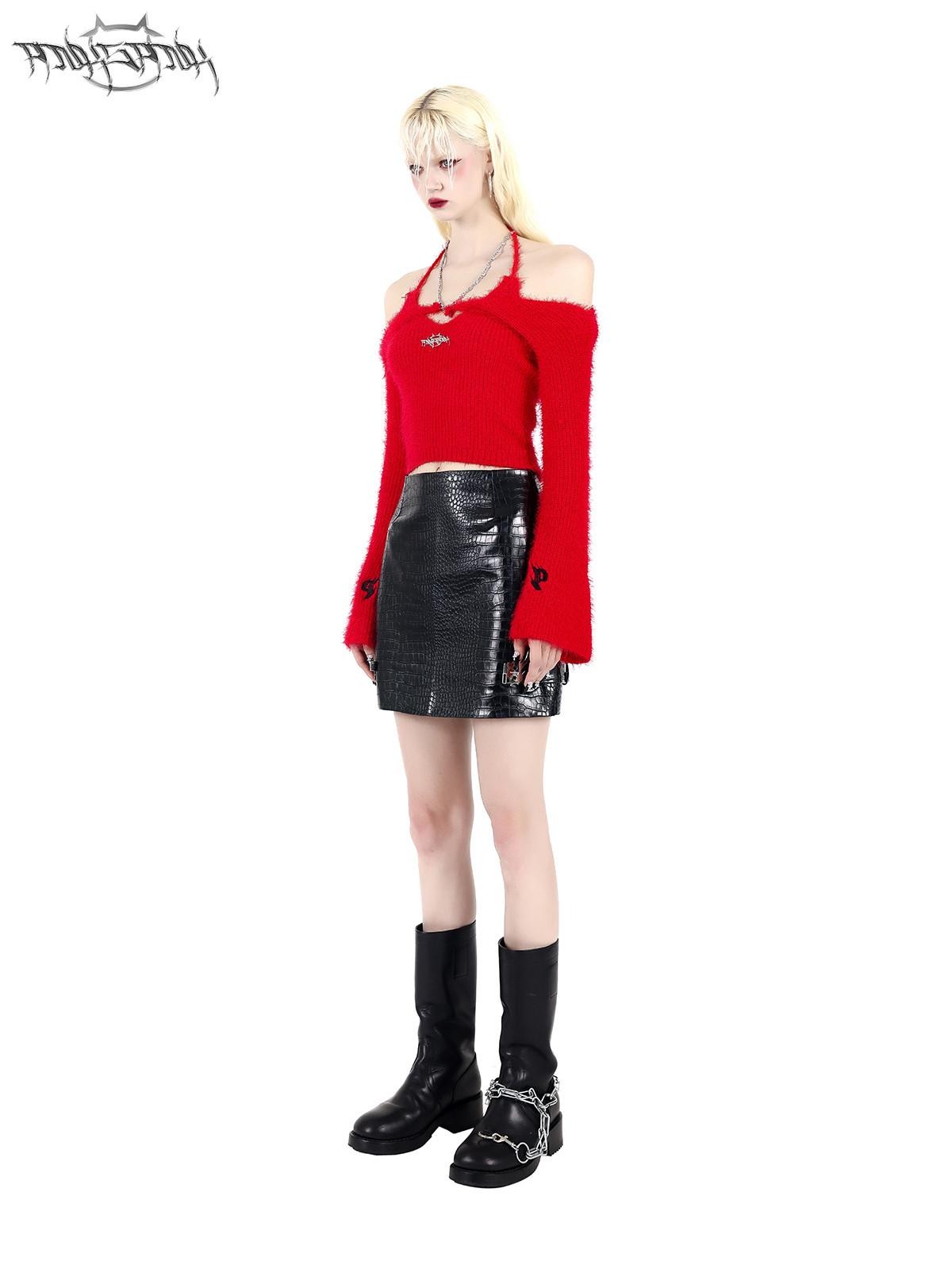 PINKSPINK Cropped Slim Chain Tie Bell Sleeve Two Piece Women's Knit Off-shoulder Sweaters