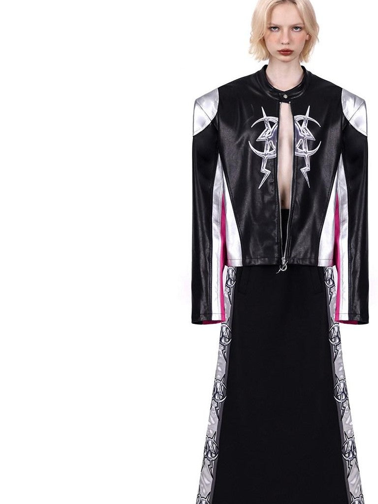PINKSPINK Cyberpunk Mirrored Shoulder Patchwork Women's Washed Synthetic Leather Jackets