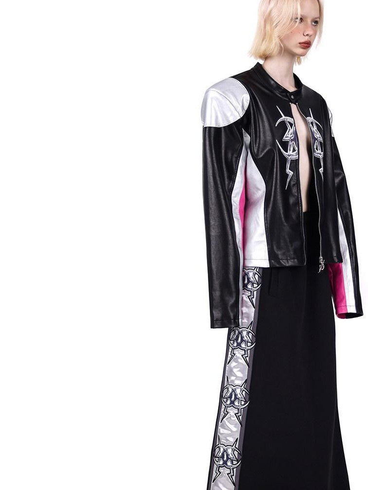 PINKSPINK Cyberpunk Mirrored Shoulder Patchwork Women's Washed Synthetic Leather Jackets