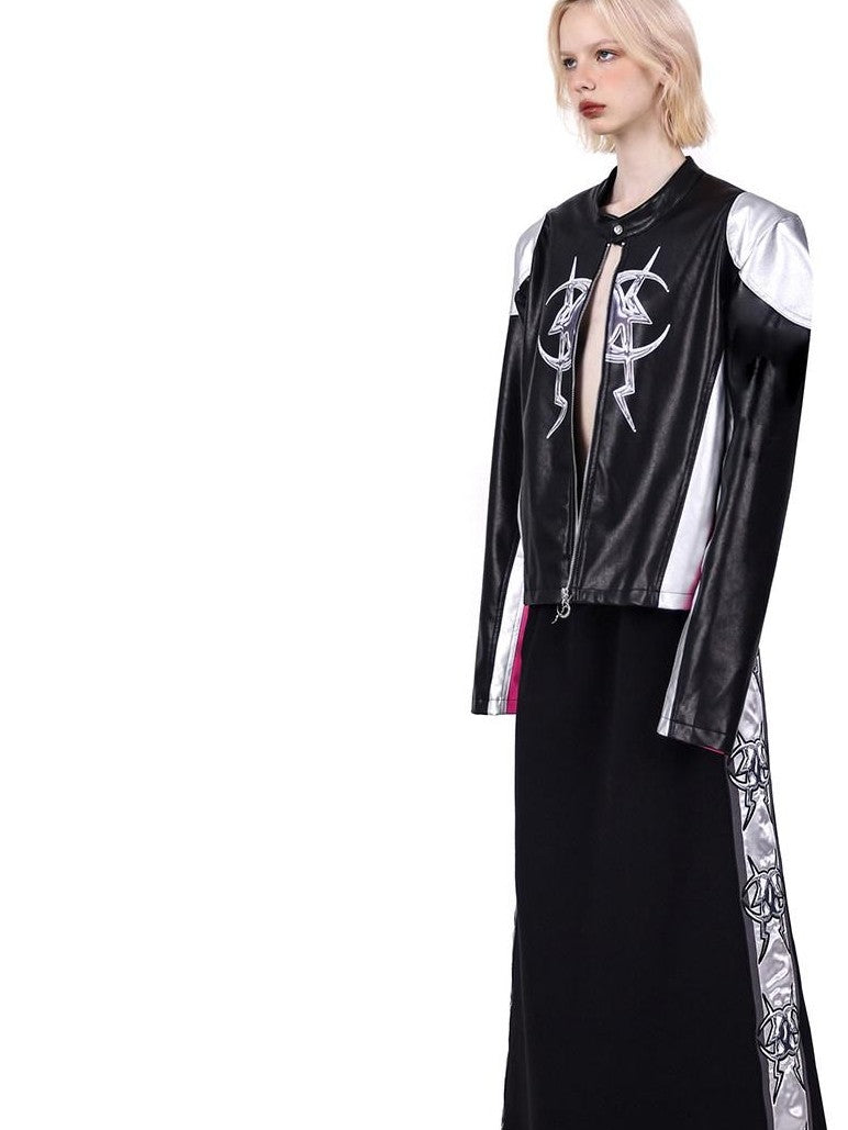 PINKSPINK Cyberpunk Mirrored Shoulder Patchwork Women's Washed Synthetic Leather Jackets