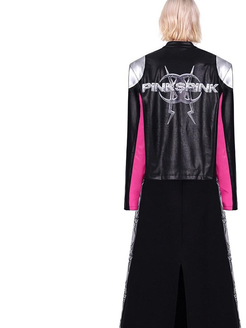 PINKSPINK Cyberpunk Mirrored Shoulder Patchwork Women's Washed Synthetic Leather Jackets