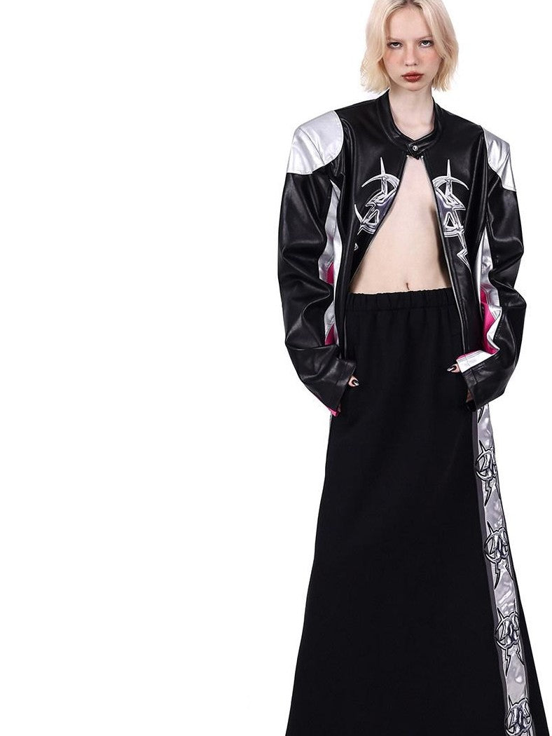 PINKSPINK Cyberpunk Mirrored Shoulder Patchwork Women's Washed Synthetic Leather Jackets