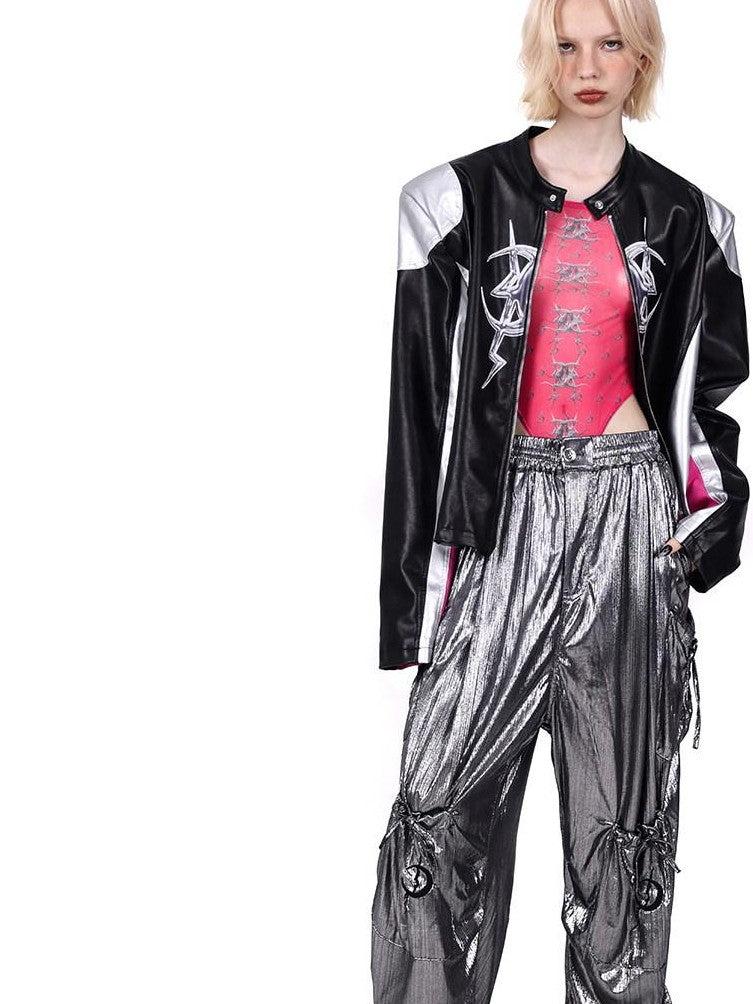 PINKSPINK Cyberpunk Mirrored Shoulder Patchwork Women's Washed Synthetic Leather Jackets