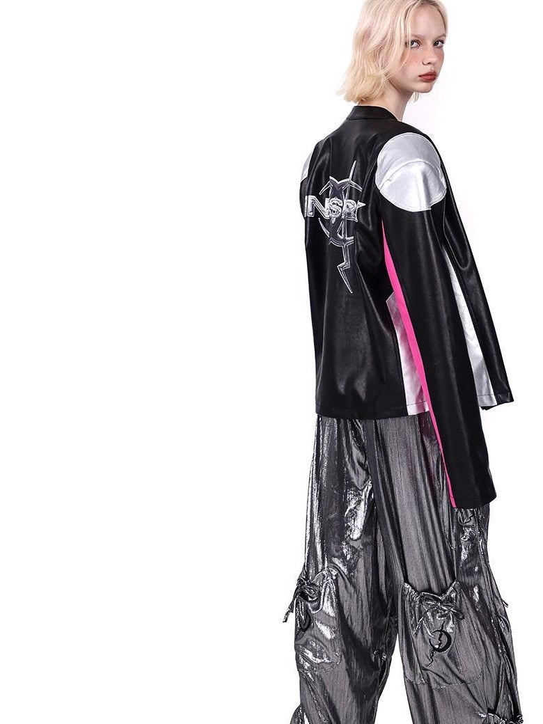 PINKSPINK Cyberpunk Mirrored Shoulder Patchwork Women's Washed Synthetic Leather Jackets