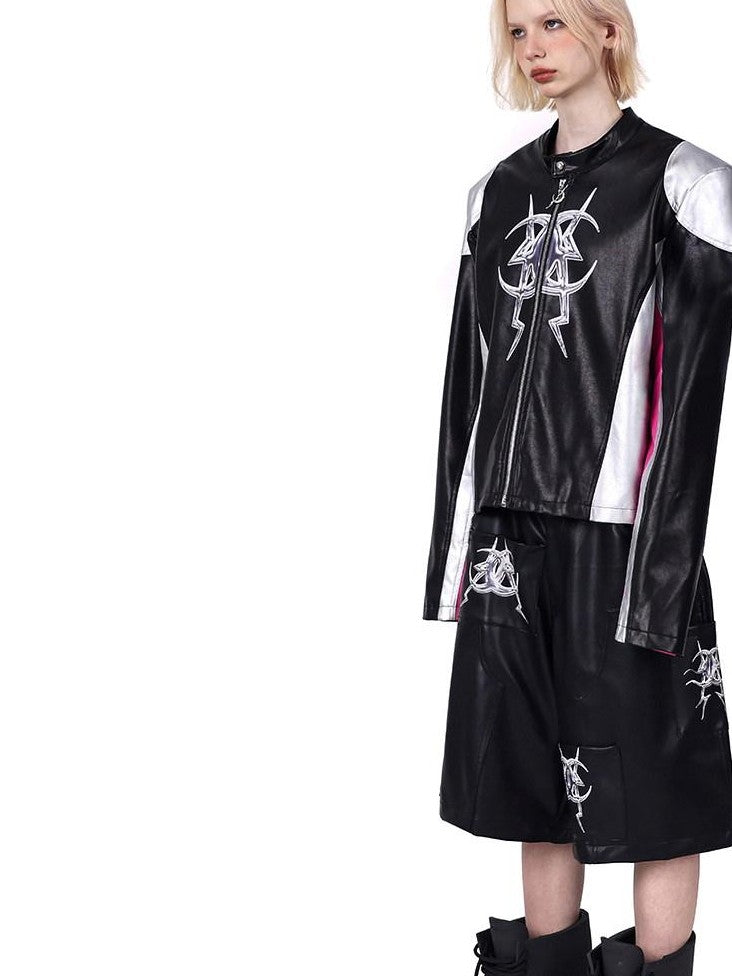 PINKSPINK Cyberpunk Mirrored Shoulder Patchwork Women's Washed Synthetic Leather Jackets