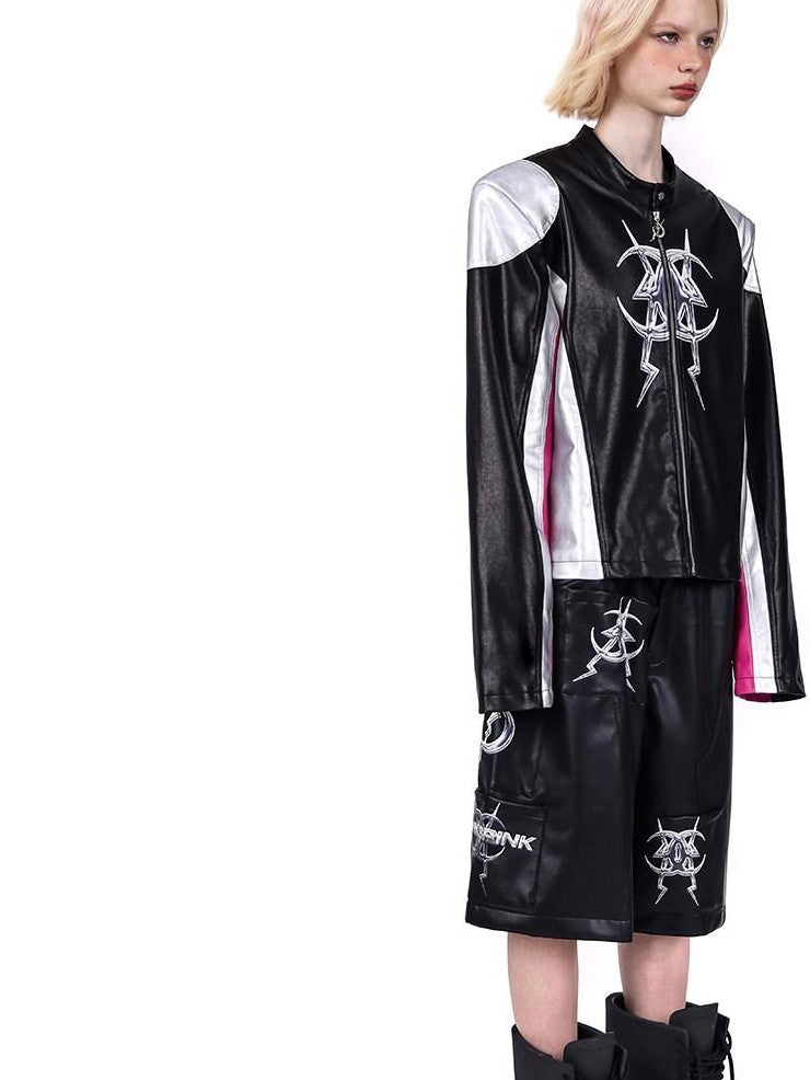 PINKSPINK Cyberpunk Mirrored Shoulder Patchwork Women's Washed Synthetic Leather Jackets