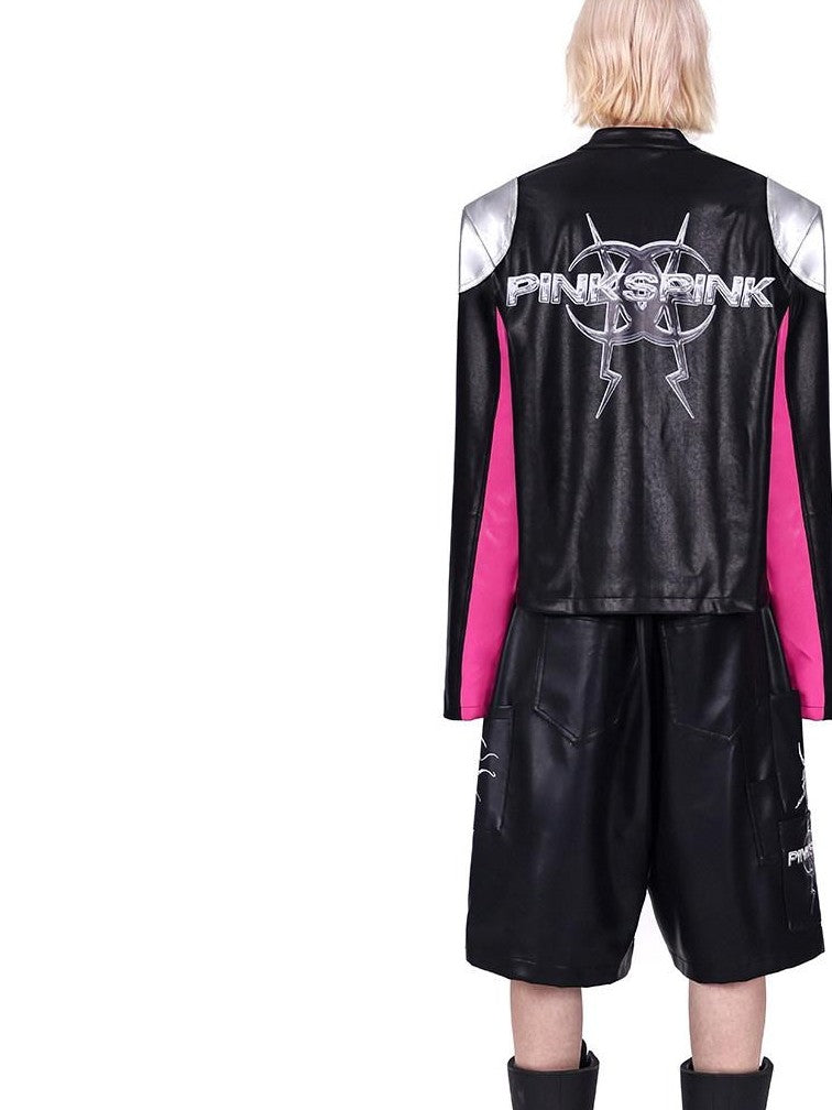 PINKSPINK Cyberpunk Mirrored Shoulder Patchwork Women's Washed Synthetic Leather Jackets