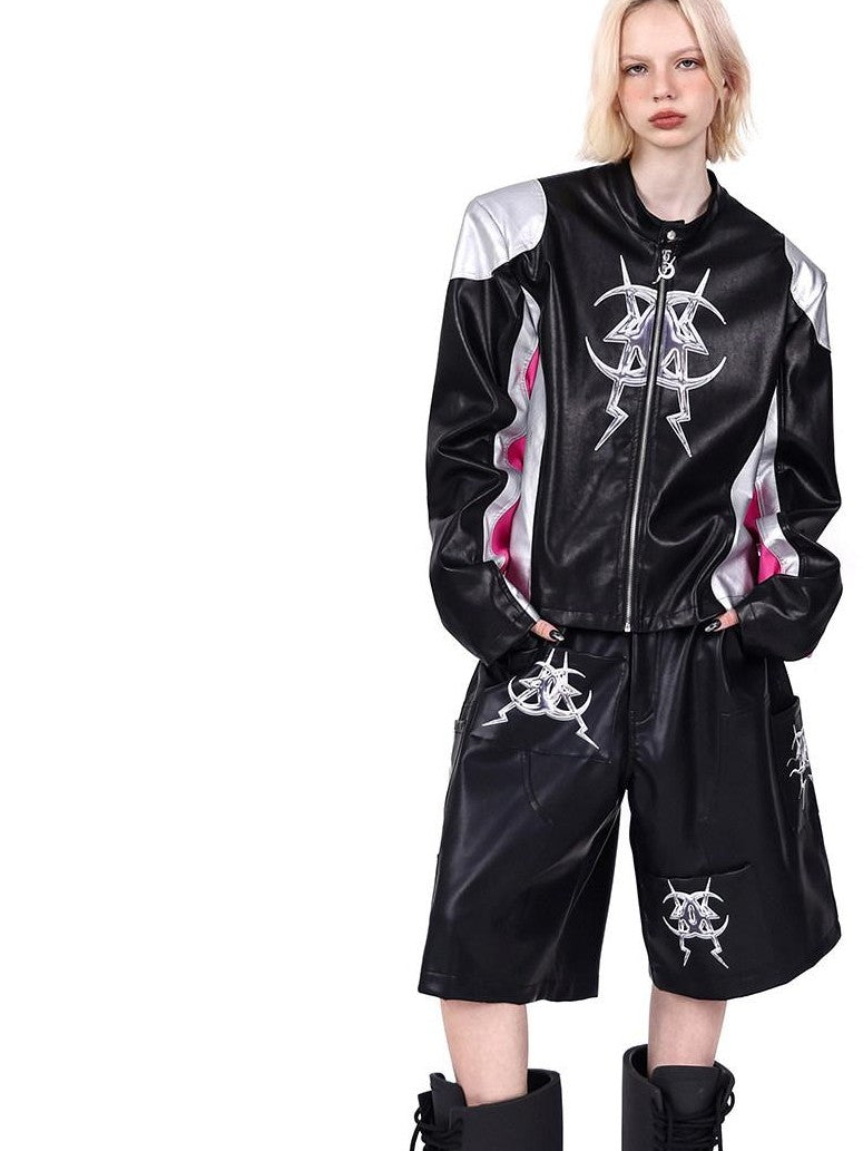 PINKSPINK Cyberpunk Mirrored Shoulder Patchwork Women's Washed Synthetic Leather Jackets