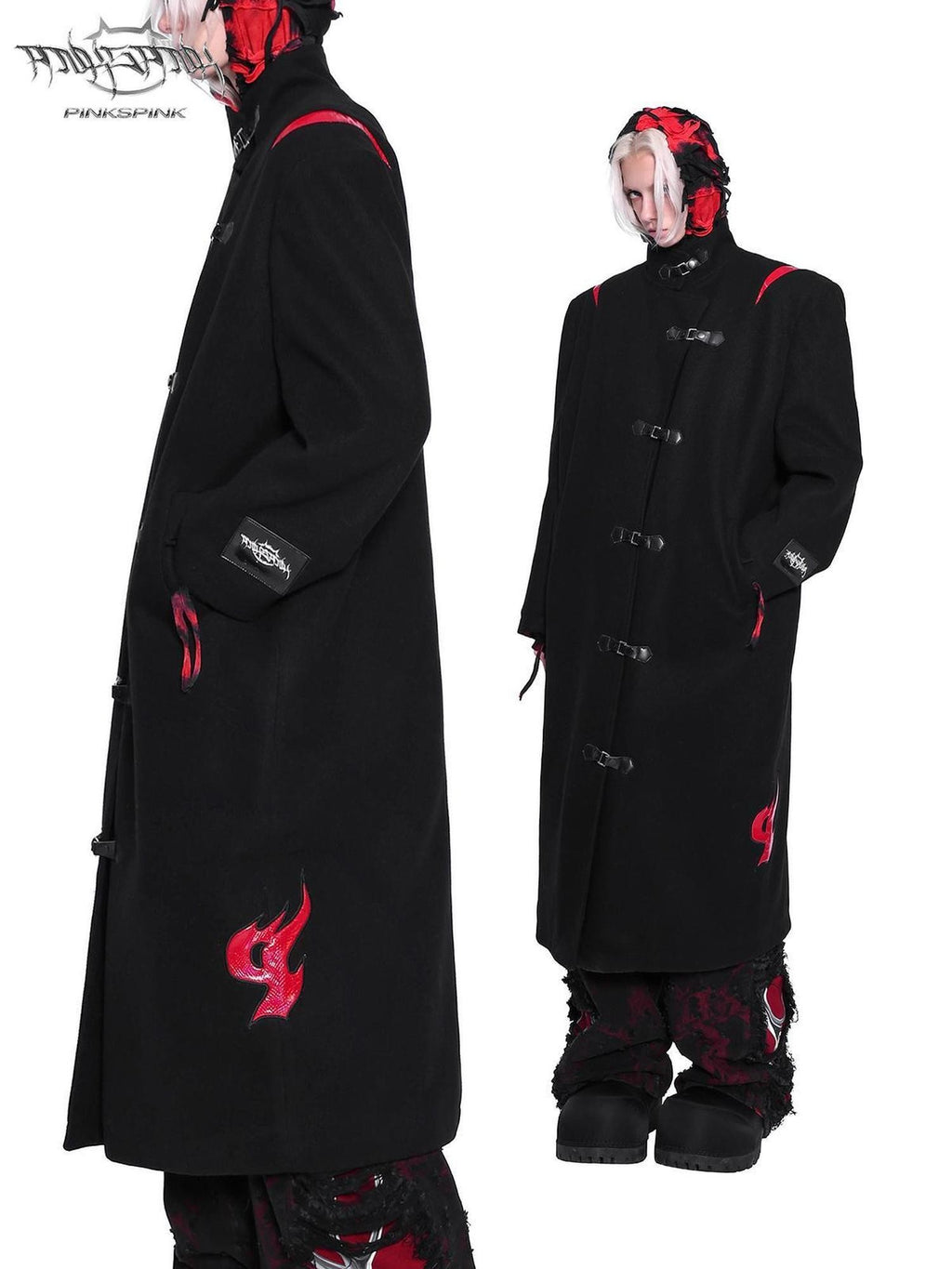 PINKSPINK Dark Flame Snake Embroidery Stand Collar Women's Padded Long Coats