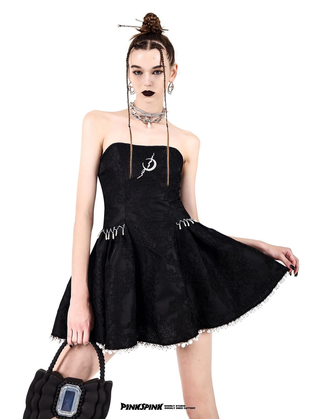 PINKSPINK Dark Floral Embroidered Pearl Trim Women's Tube Mini Dresses