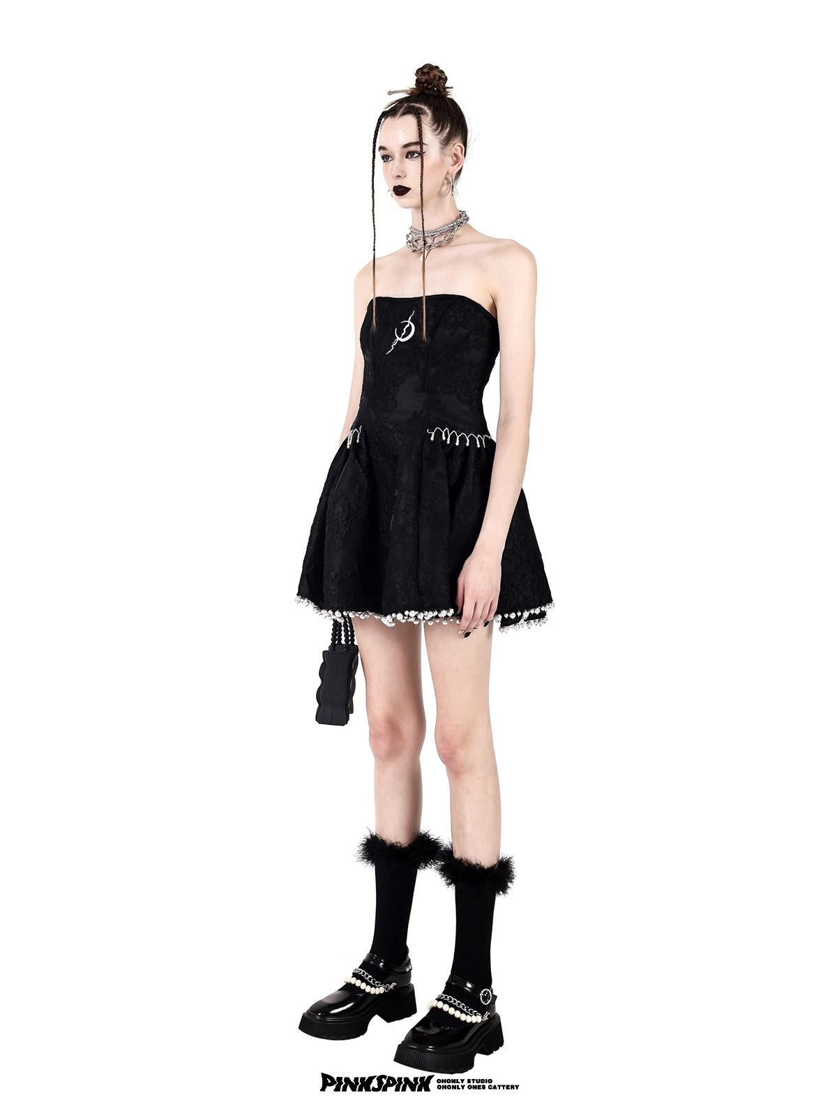 PINKSPINK Dark Floral Embroidered Pearl Trim Women's Tube Mini Dresses