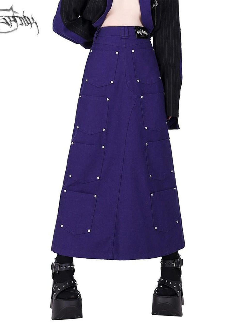 PINKSPINK Dark Purple Embroidered Multi Pocket Patchwork Women's Denim Maxi Skirts