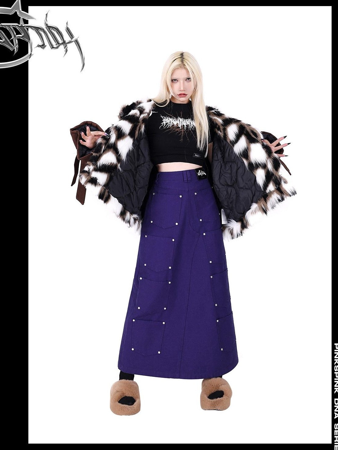PINKSPINK Dark Purple Embroidered Multi Pocket Patchwork Women's Denim Maxi Skirts