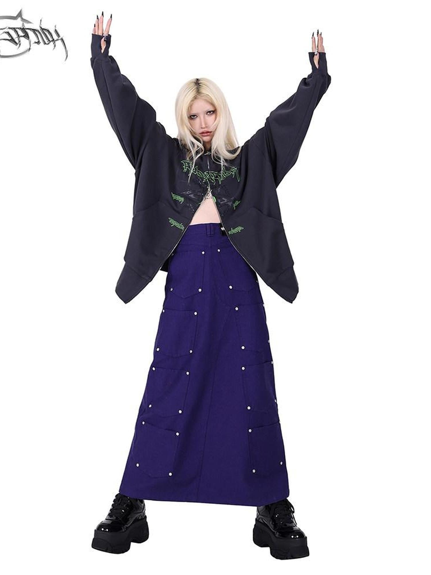 PINKSPINK Dark Purple Embroidered Multi Pocket Patchwork Women's Denim Maxi Skirts