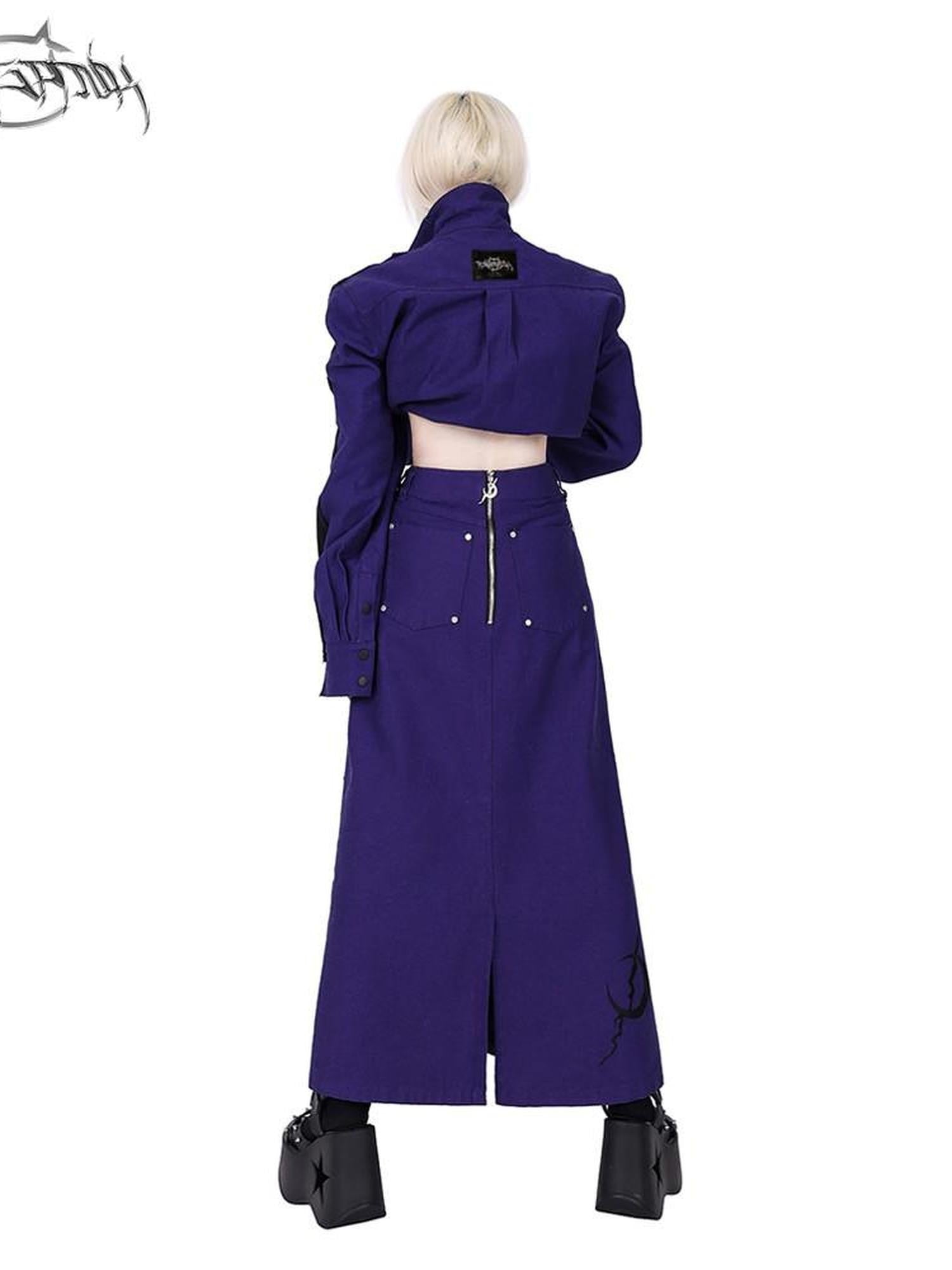 PINKSPINK Dark Purple Embroidered Multi Pocket Patchwork Women's Denim Maxi Skirts