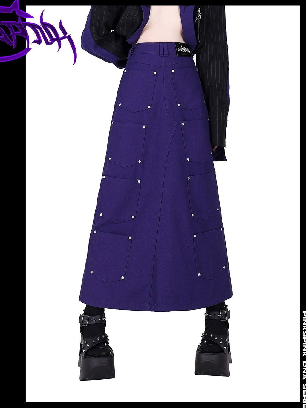 PINKSPINK Dark Purple Embroidered Multi Pocket Patchwork Women's Denim Maxi Skirts