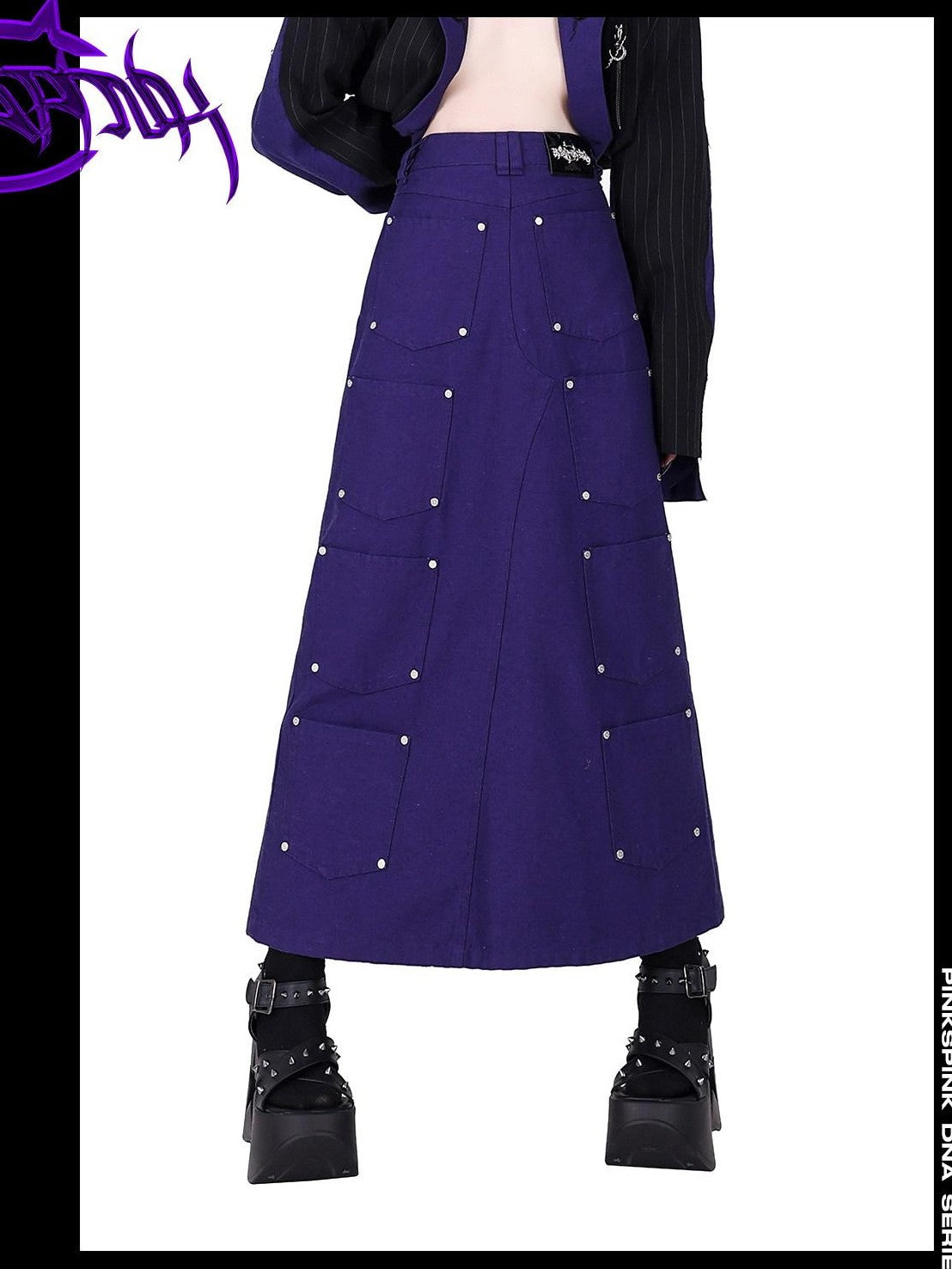 PINKSPINK Dark Purple Embroidered Multi Pocket Patchwork Women's Denim Maxi Skirts