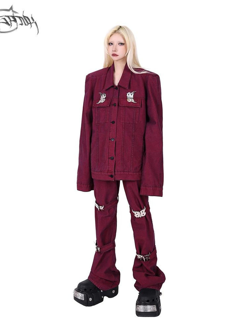 PINKSPINK Dark Red Flame Buckle Washed Padded Shoulder Rivets 3d Women's Denim Jackets