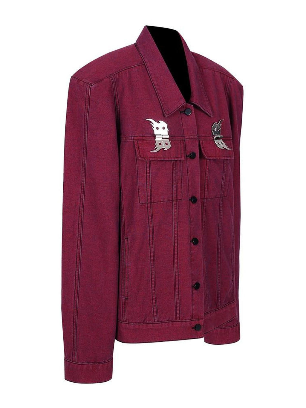 PINKSPINK Dark Red Flame Buckle Washed Padded Shoulder Rivets 3d Women's Denim Jackets