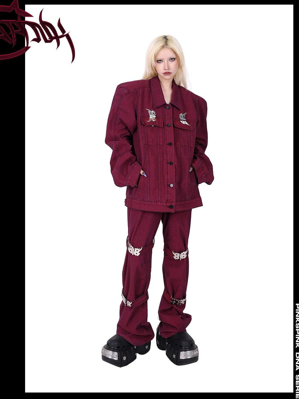 PINKSPINK Dark Red Flame Buckle Washed Padded Shoulder Rivets 3d Women's Denim Jackets