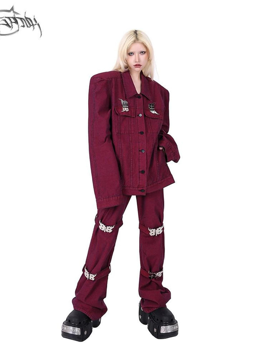PINKSPINK Dark Red Washed Flame Buckle Tie Y2k Women's Denim Bootcut Jeans