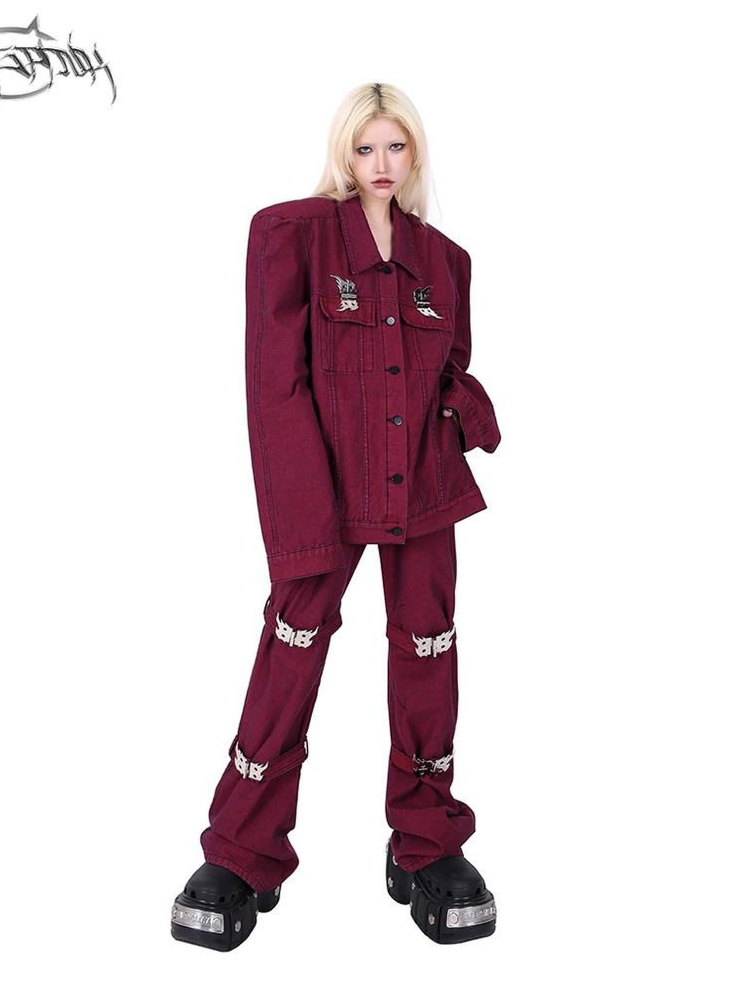 PINKSPINK Dark Red Washed Flame Buckle Tie Y2k Women's Denim Bootcut Jeans