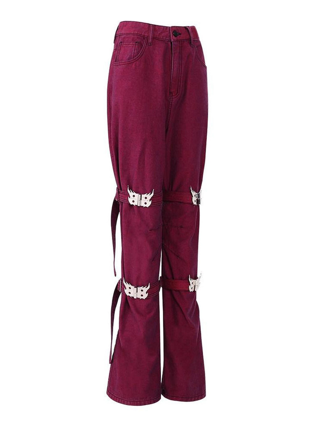 PINKSPINK Dark Red Washed Flame Buckle Tie Y2k Women's Denim Bootcut Jeans
