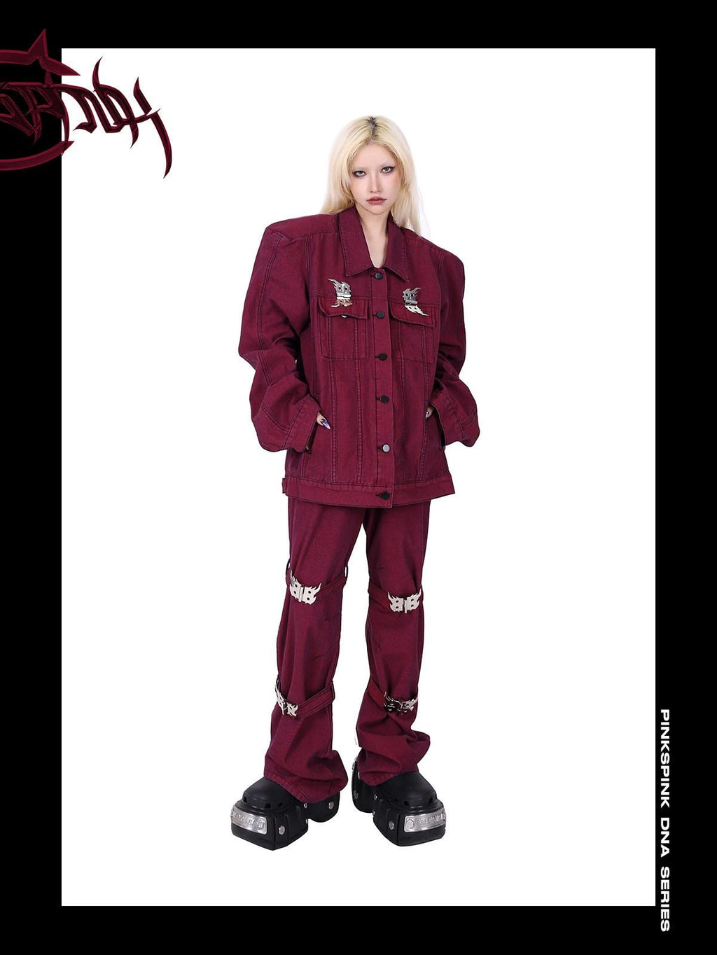 PINKSPINK Dark Red Washed Flame Buckle Tie Y2k Women's Denim Bootcut Jeans