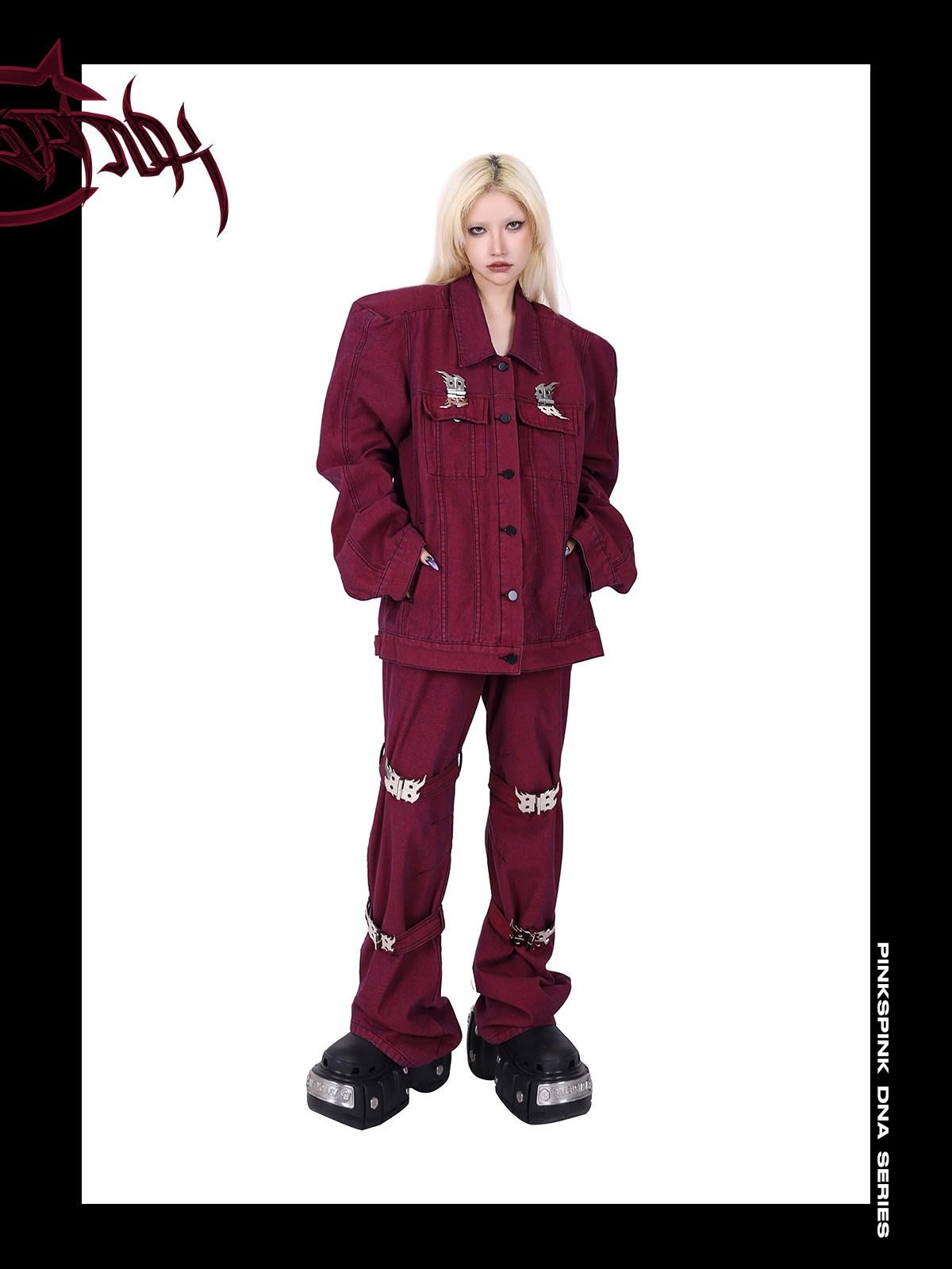 PINKSPINK Dark Red Washed Flame Buckle Tie Y2k Women's Denim Bootcut Jeans