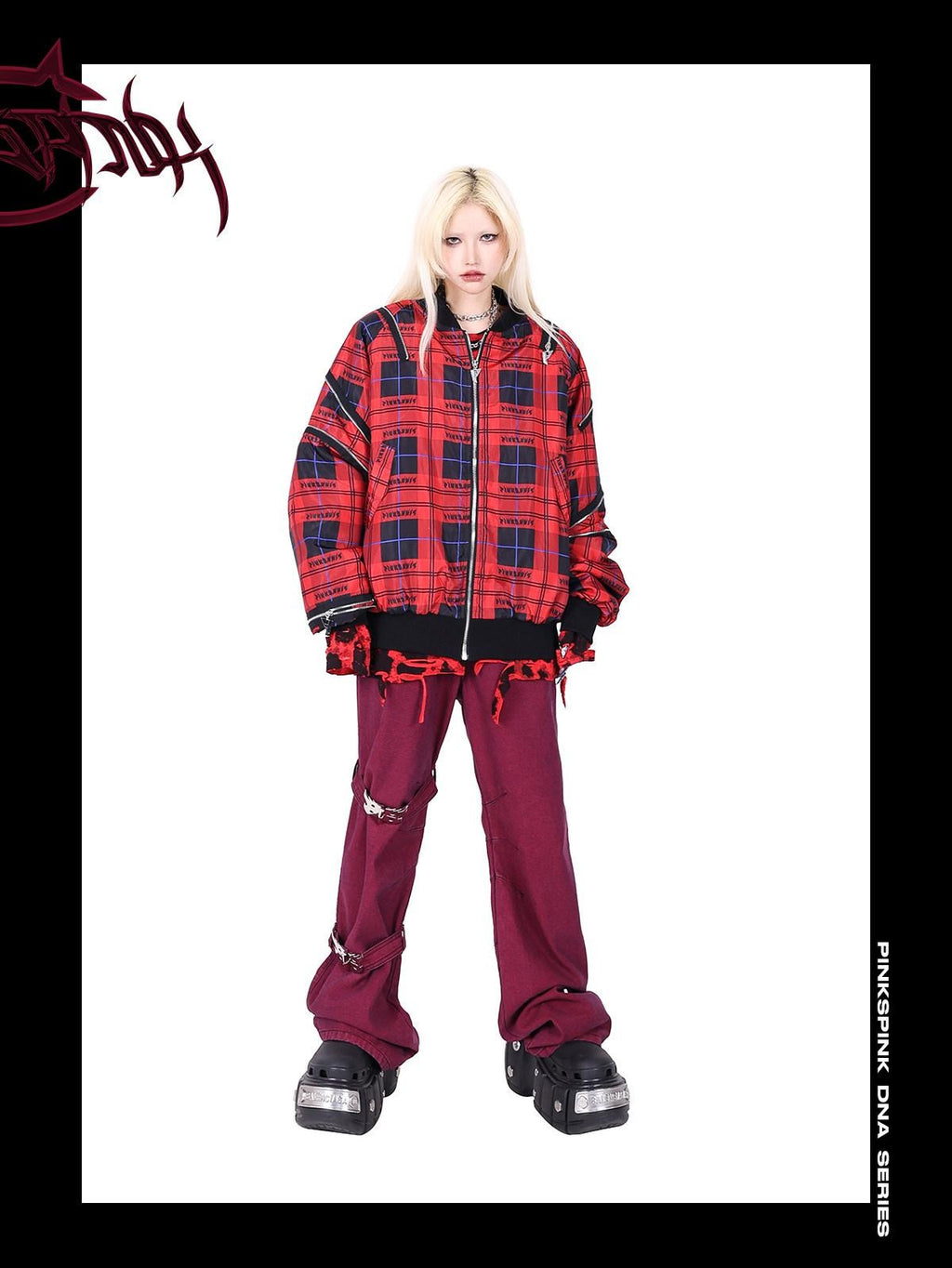 PINKSPINK Dark Red Washed Flame Buckle Tie Y2k Women's Denim Bootcut Jeans