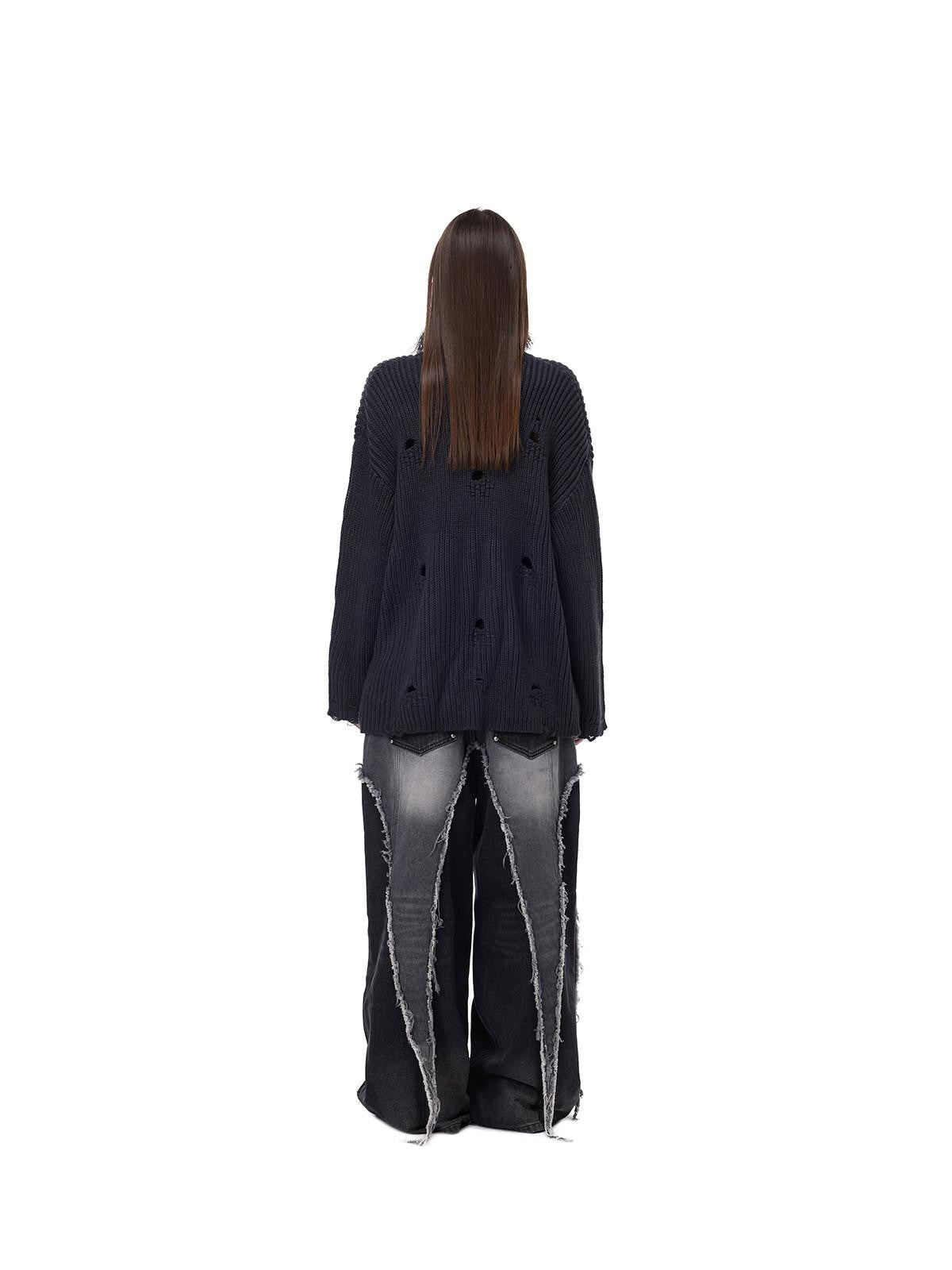 PINKSPINK Deep Purple Distressed Loose Knit Women's Acrylic Blend Turtleneck Sweaters
