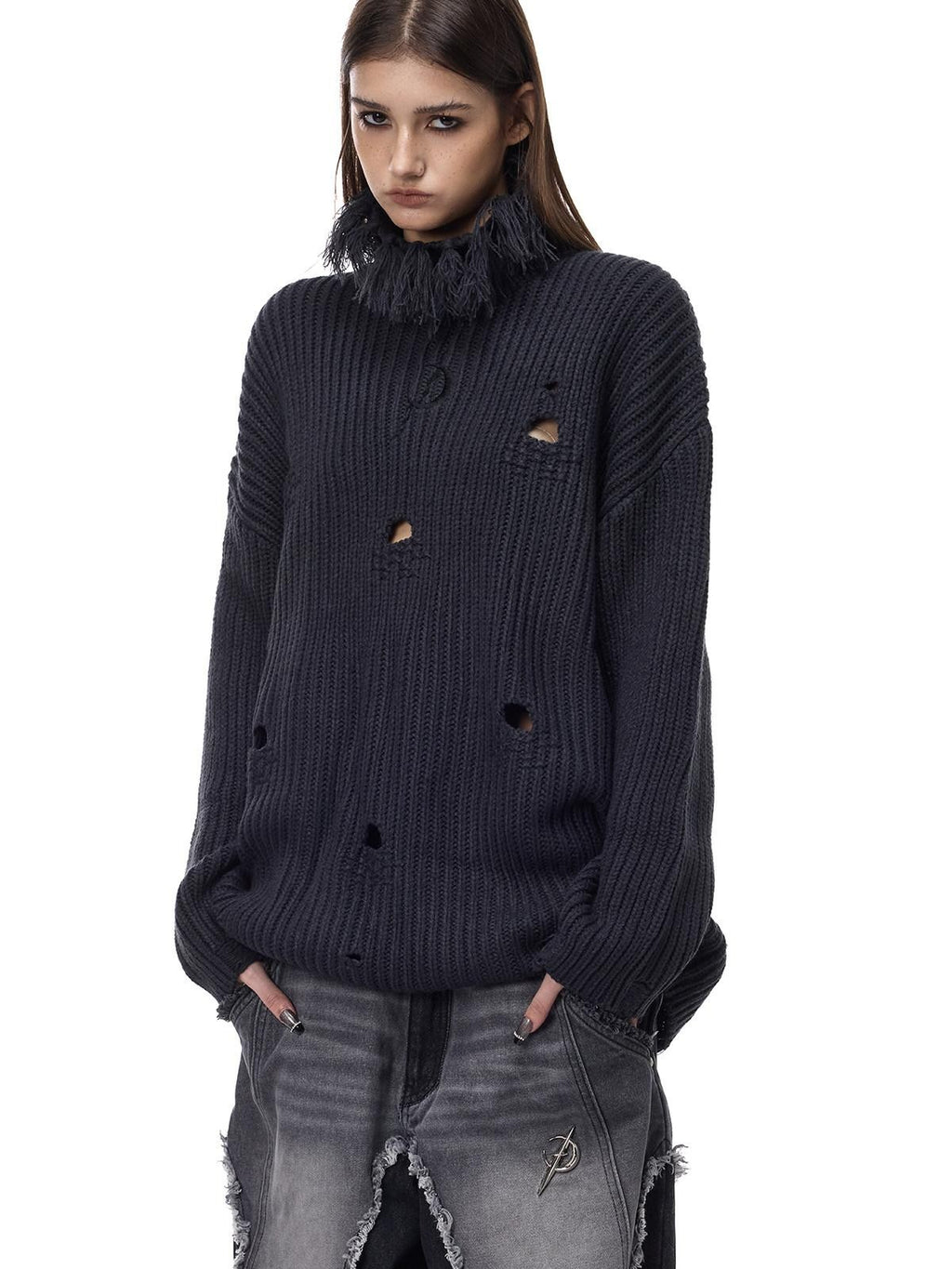 PINKSPINK Deep Purple Distressed Loose Knit Women's Acrylic Blend Turtleneck Sweaters