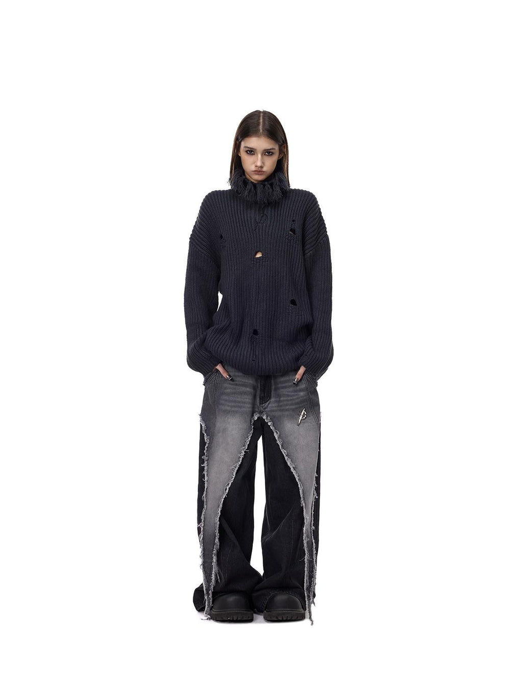 PINKSPINK Deep Purple Distressed Loose Knit Women's Acrylic Blend Turtleneck Sweaters