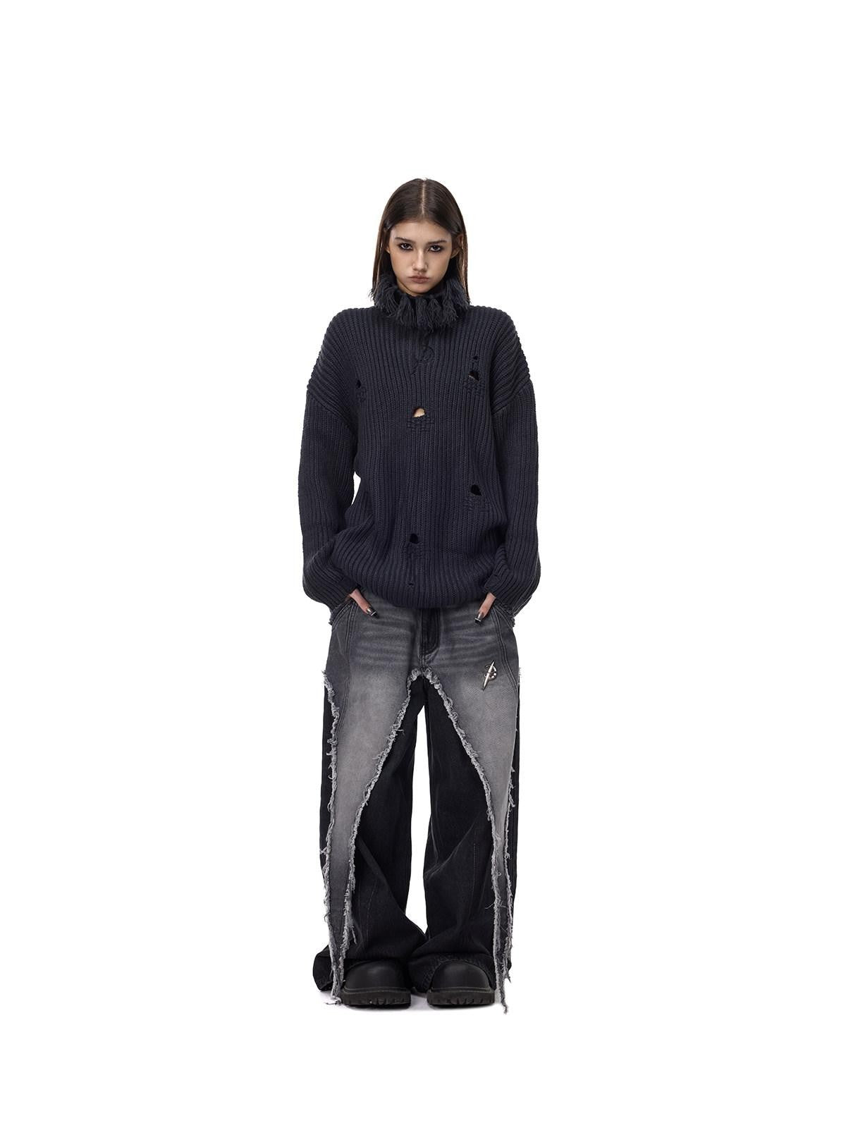 PINKSPINK Deep Purple Distressed Loose Knit Women's Acrylic Blend Turtleneck Sweaters