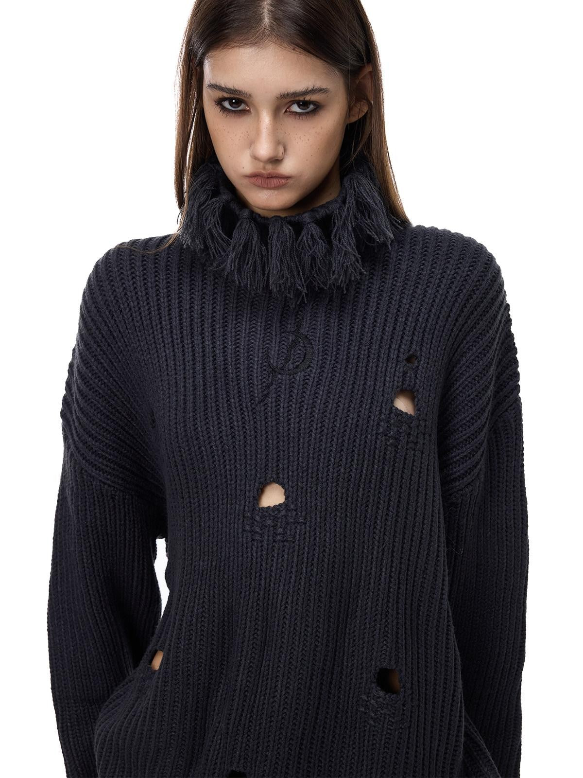 PINKSPINK Deep Purple Distressed Loose Knit Women's Acrylic Blend Turtleneck Sweaters