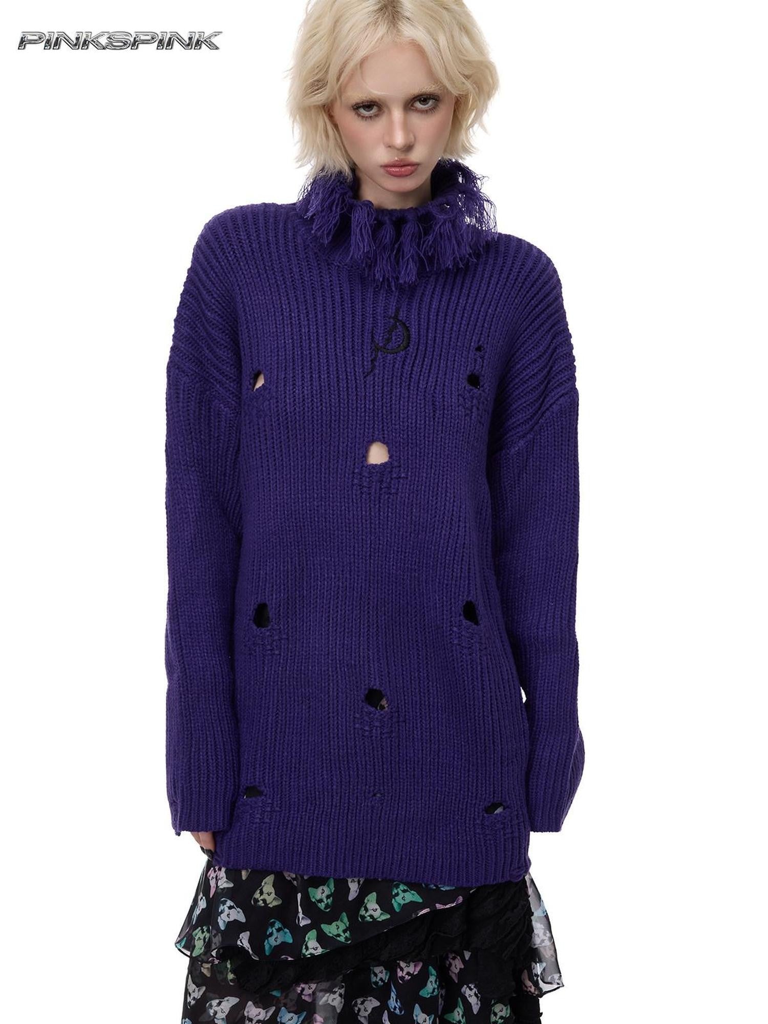 PINKSPINK Deep Purple Distressed Loose Knit Women's Acrylic Blend Turtleneck Sweaters