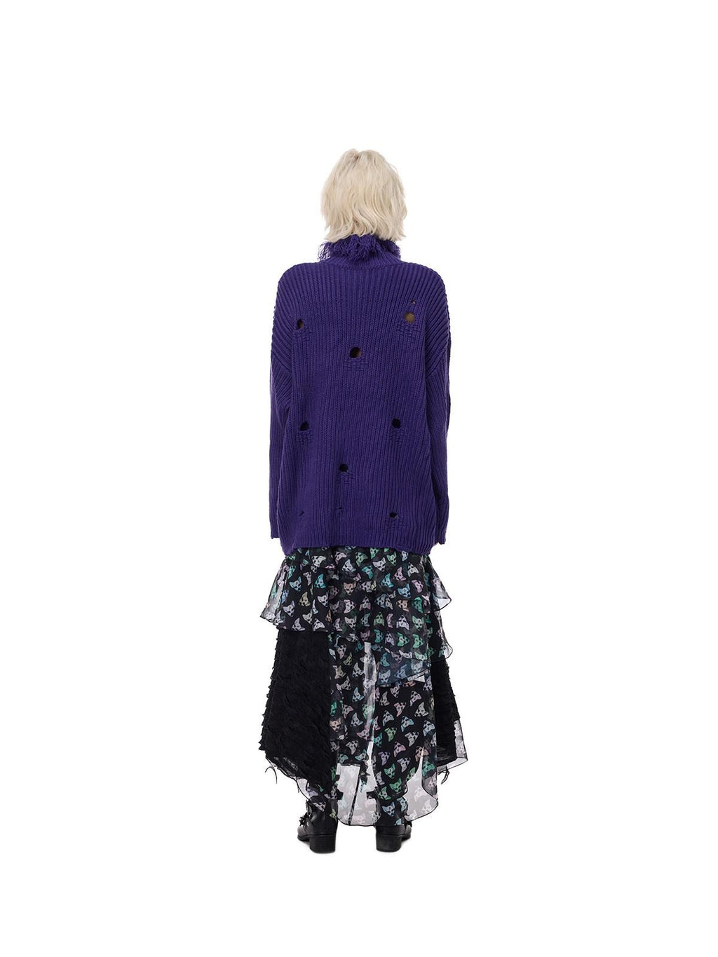PINKSPINK Deep Purple Distressed Loose Knit Women's Acrylic Blend Turtleneck Sweaters