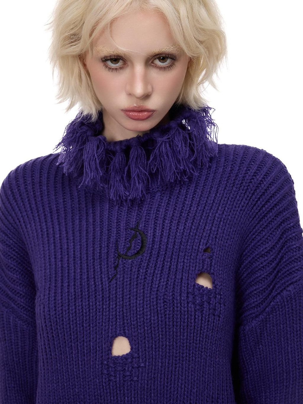 PINKSPINK Deep Purple Distressed Loose Knit Women's Acrylic Blend Turtleneck Sweaters